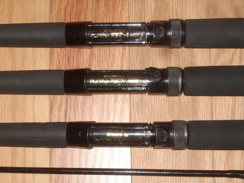 3 vintage 7' Shimano Bull Whip spinning rods & 3 matching Shimano